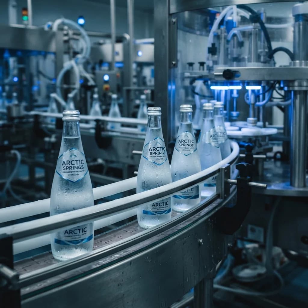 Glass bottles of clear beverage moving along a curved conveyor on a high-speed bottling line.