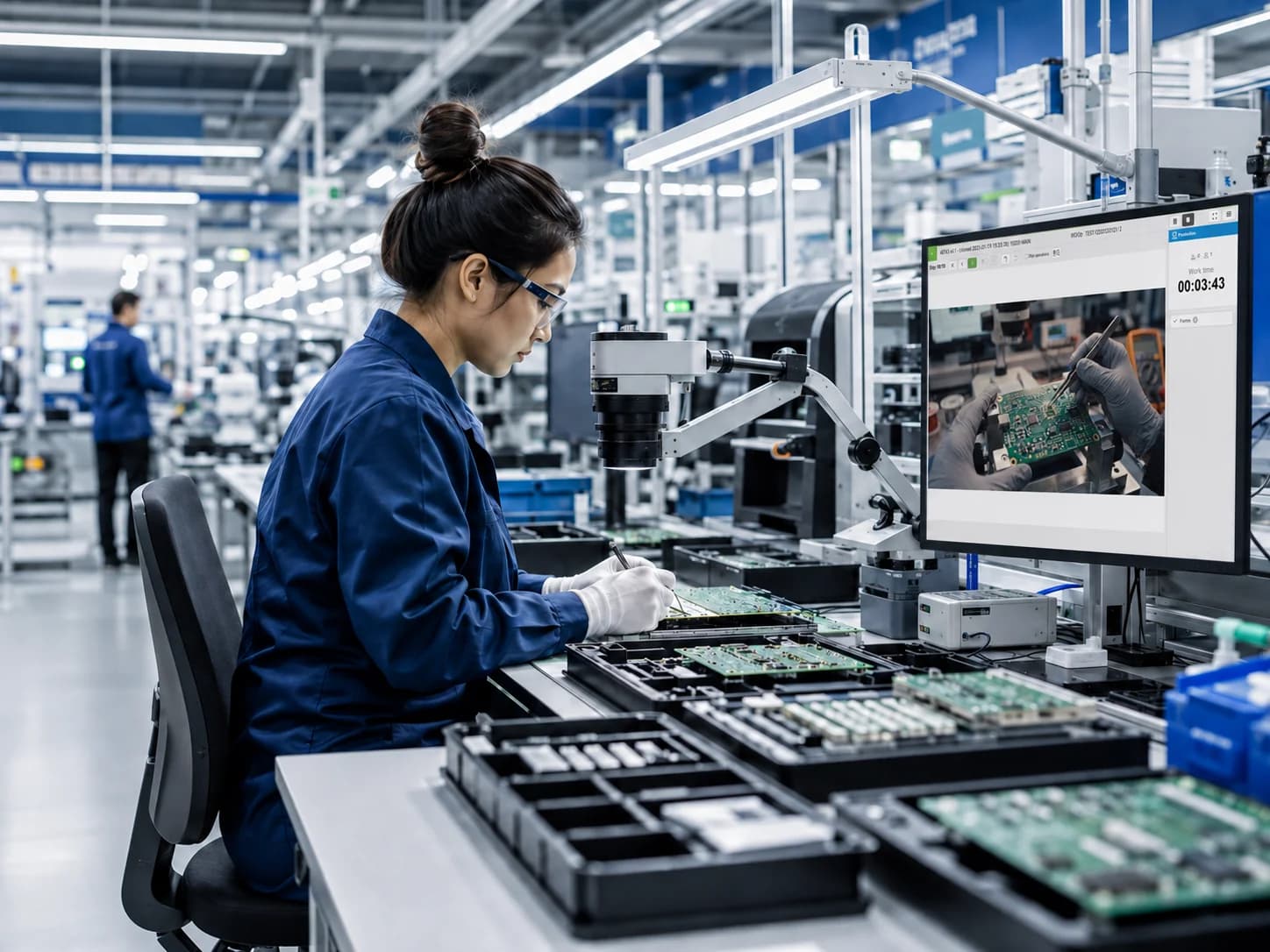 Technikerin im blauen Arbeitskittel montiert Leiterplatten an einem Elektronikarbeitsplatz mit einem Monitor neben ihr.