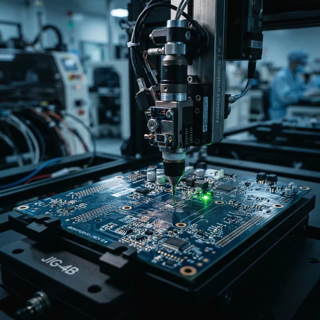 Automatischer Bestückungsautomat platziert Bauteile auf einer Leiterplatte in einer Produktionslinie.