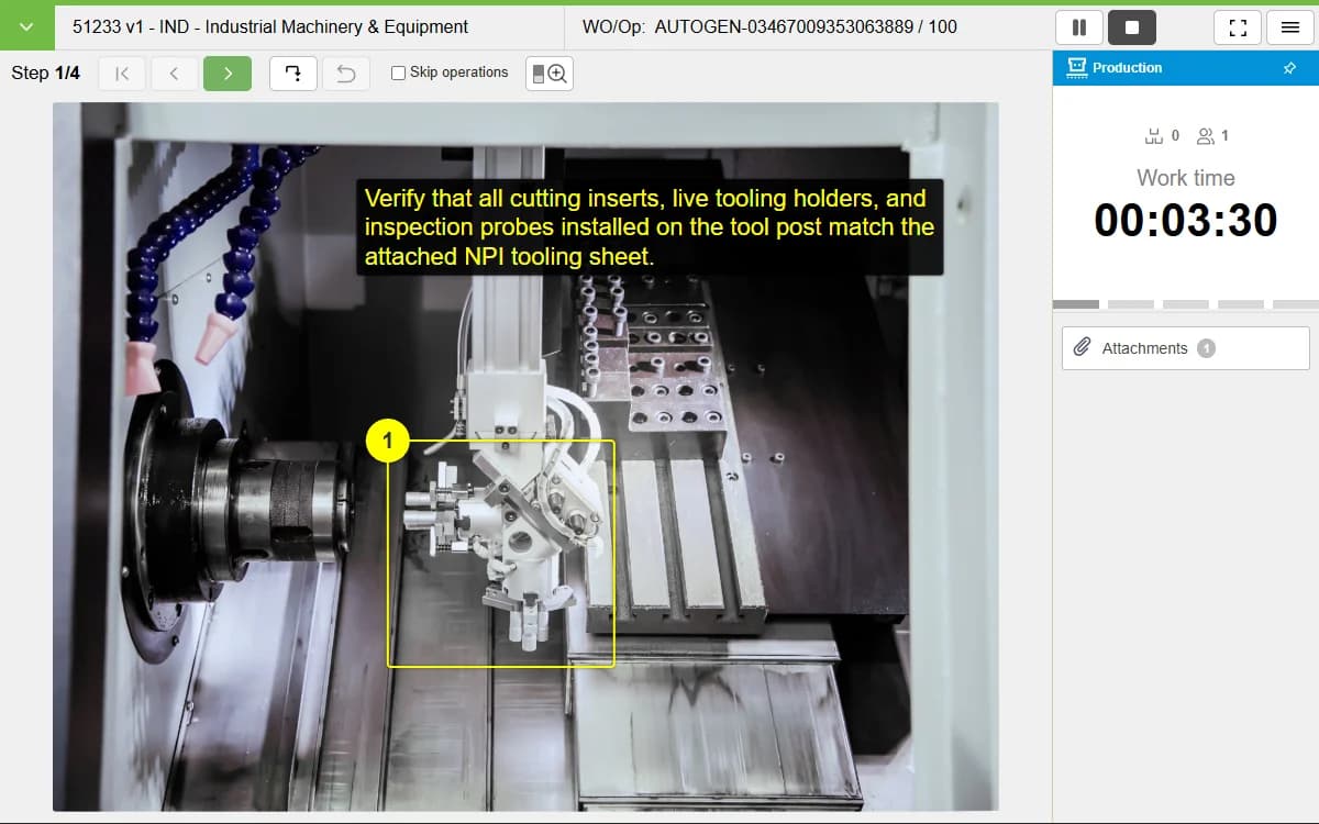 Engineering Change Order tab: VKS screenshot: cutting-insert verification step on a machining setup, with a live work timer.