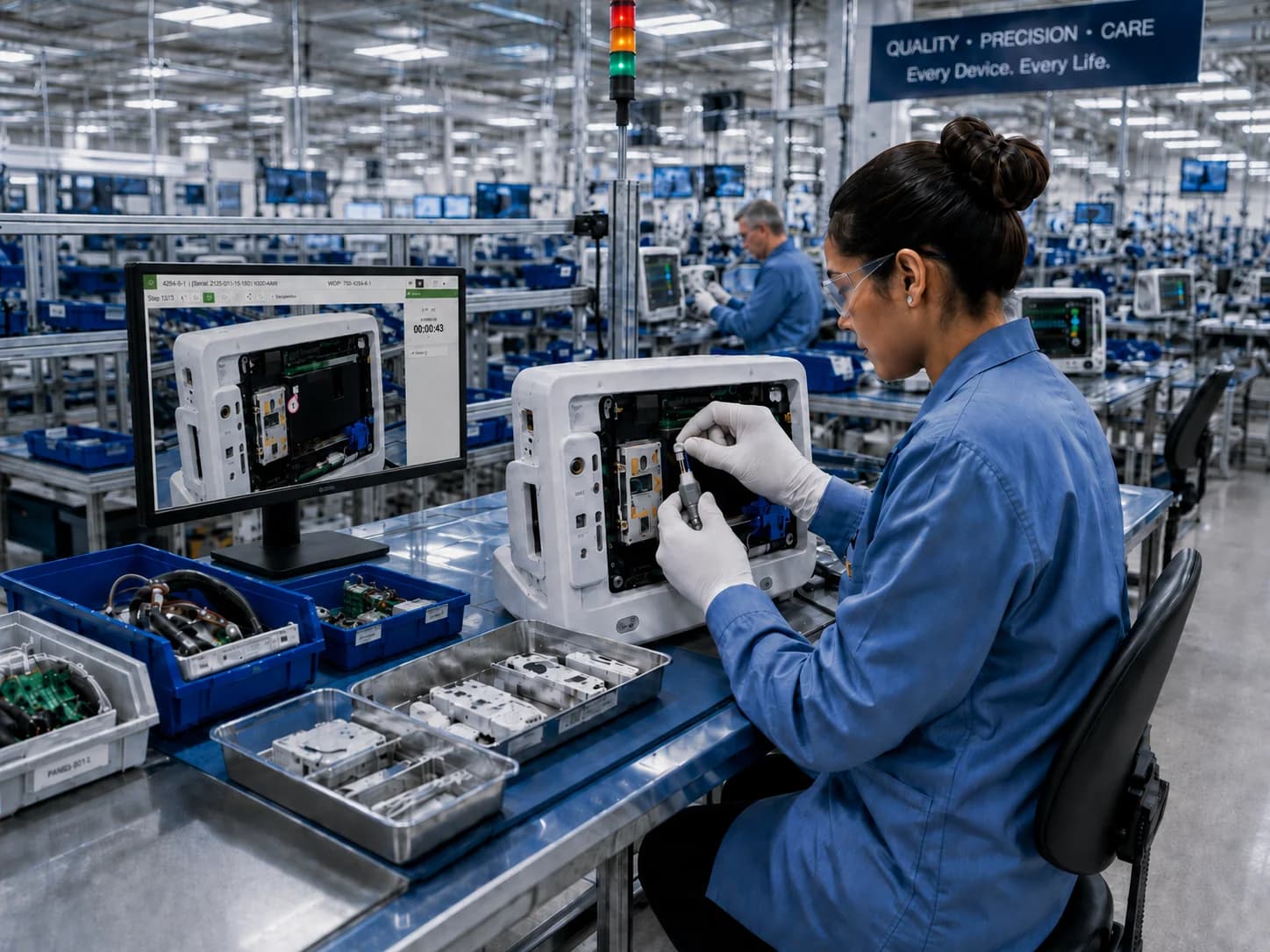 Technikerin im blauen Arbeitskittel mit Handschuhen montiert einen medizinischen Monitor an einer Geräteproduktionslinie.