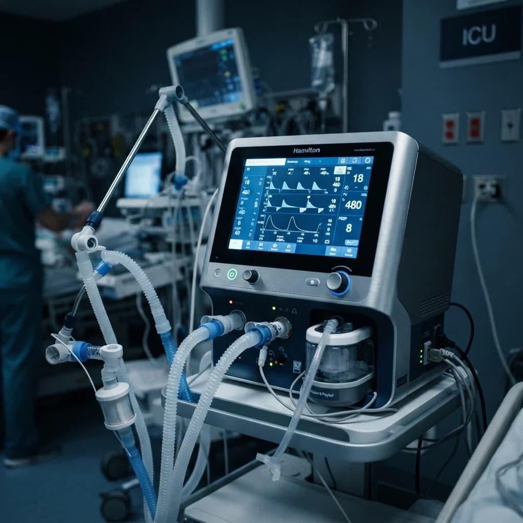 Medizinisches Beatmungsgerät mit Monitor und Schläuchen in einer Krankenhausausstattung.