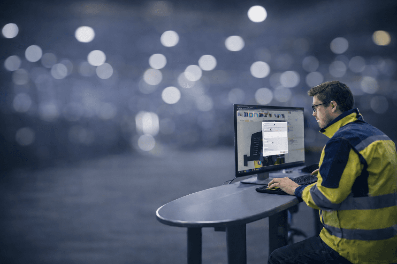 A supervisor looking at VKS KPIs on a large screen while holding a tablet