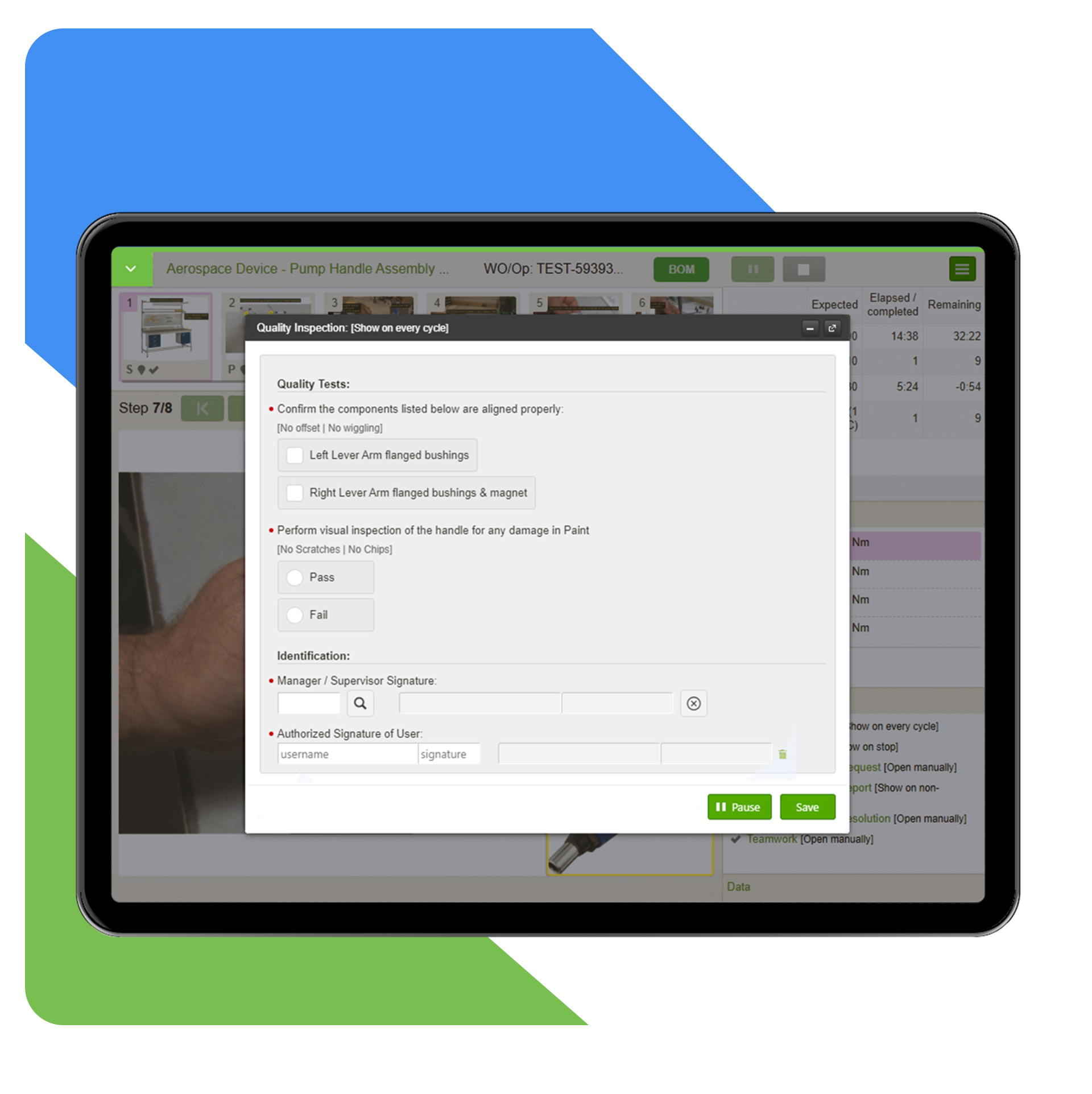 VKS Pro-Tablet mit Qualitätsinspektions-Popup für Luft- und Raumfahrtgerät Pumpengriff-Montage mit Komponentenausrichtungsprüfungen, visueller Inspektion und Signaturfeldern