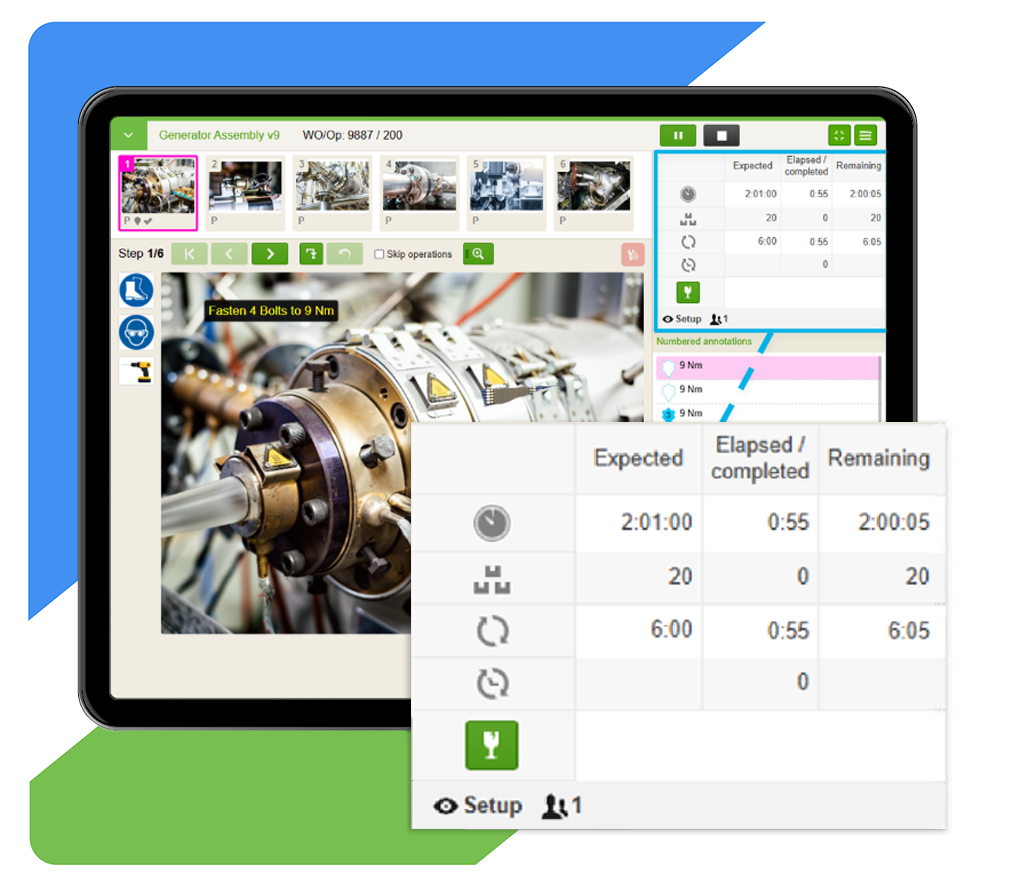 VKS Pro-Tablet mit Generator-Montage v9 Arbeitsanweisungen, schrittweiser Navigation, Leistungsmetriken mit erwarteten und verstrichenen Zeiten und Drehmomentspezifikationen für das Anziehen von Schrauben