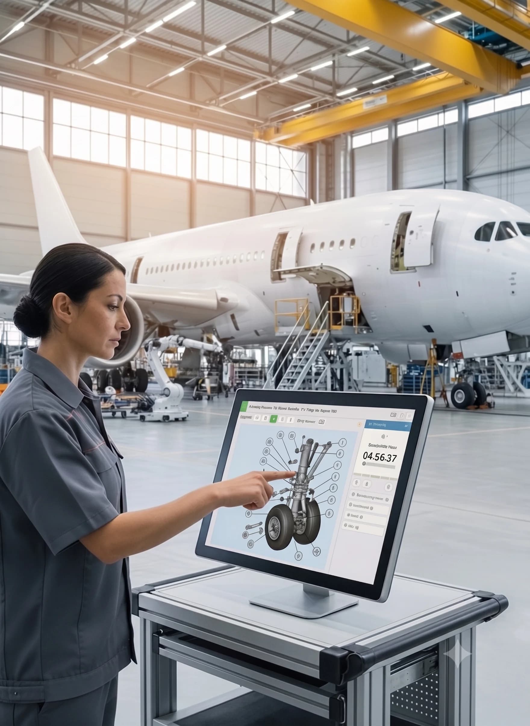 Opératrice utilisant des instructions numériques près d’un avion
