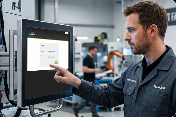 Technicien se connectant à VKS sur un terminal tactile industriel fixé près d’une machine CNC