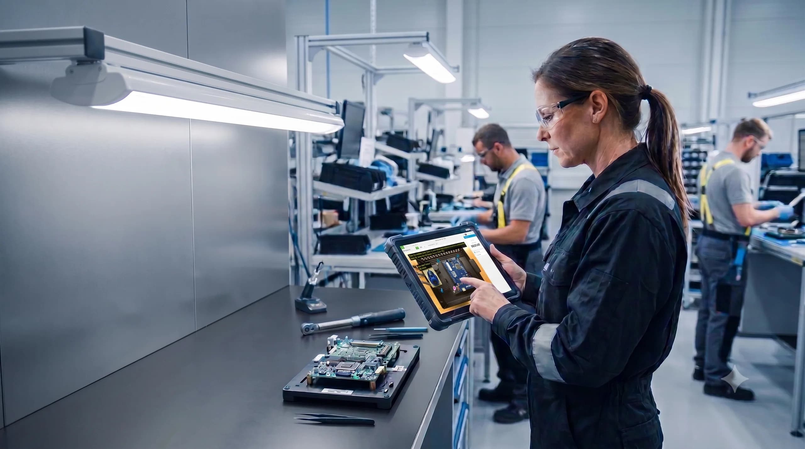 Female worker in safety glasses holding a tablet with VKS work instructions on a factory floor
