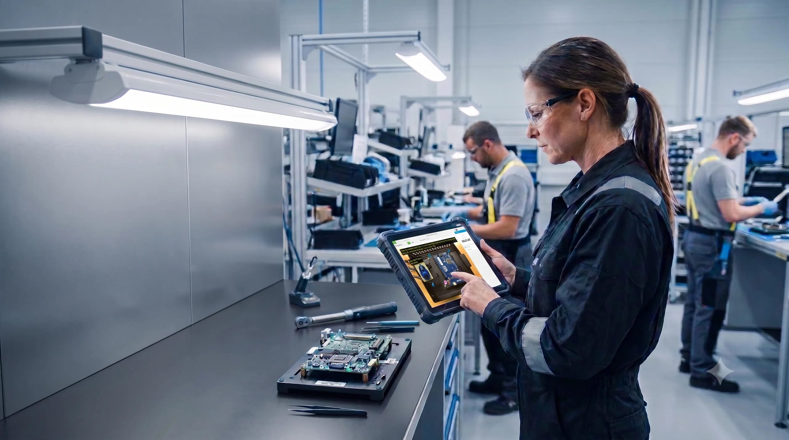 Female worker in safety glasses holding a tablet with VKS work instructions on a factory floor