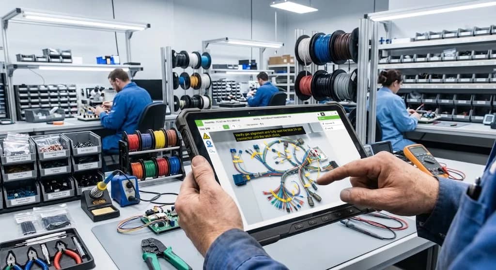 Worker viewing VKS Lite instructions on a handheld tablet