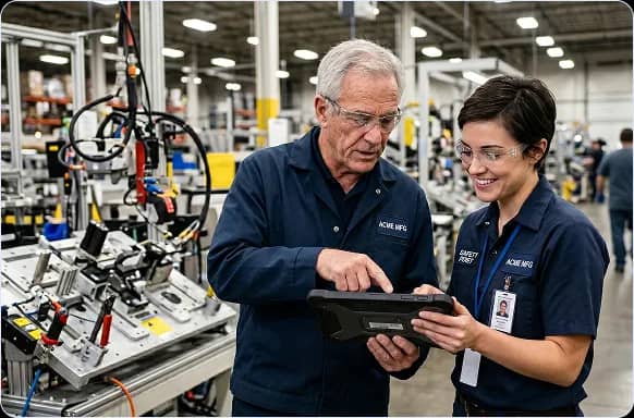 Experienced worker training a new hire with VKS Lite