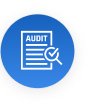 Icon of a paper that says audit and a magnifying glass over the paper. The icon is drawn with white lines inside a blue circle