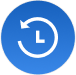 Icon of a clock circled with an arrow pointing counterclockwise drawn with white lines inside a blue circle