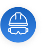 Security helmet and glasses icon drawn with white lines inside a blue circle