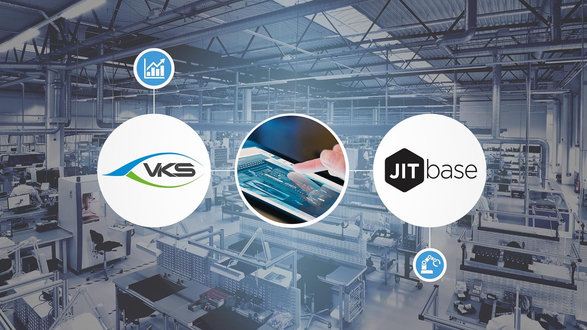 Graphic of VKS logo and Jitbase overlayed on a factory background