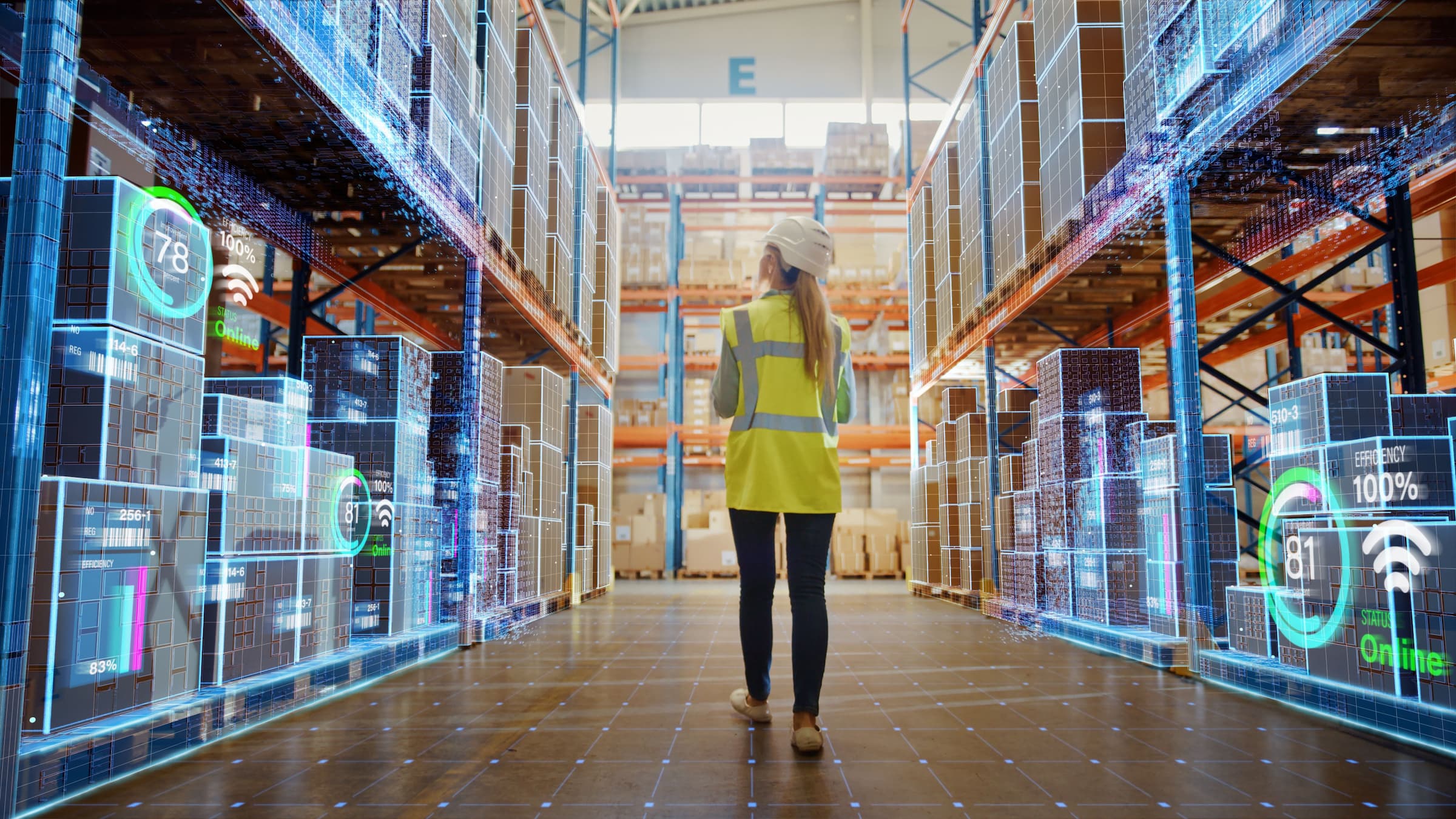 worker walking down aisles of inventory with virtual indicators